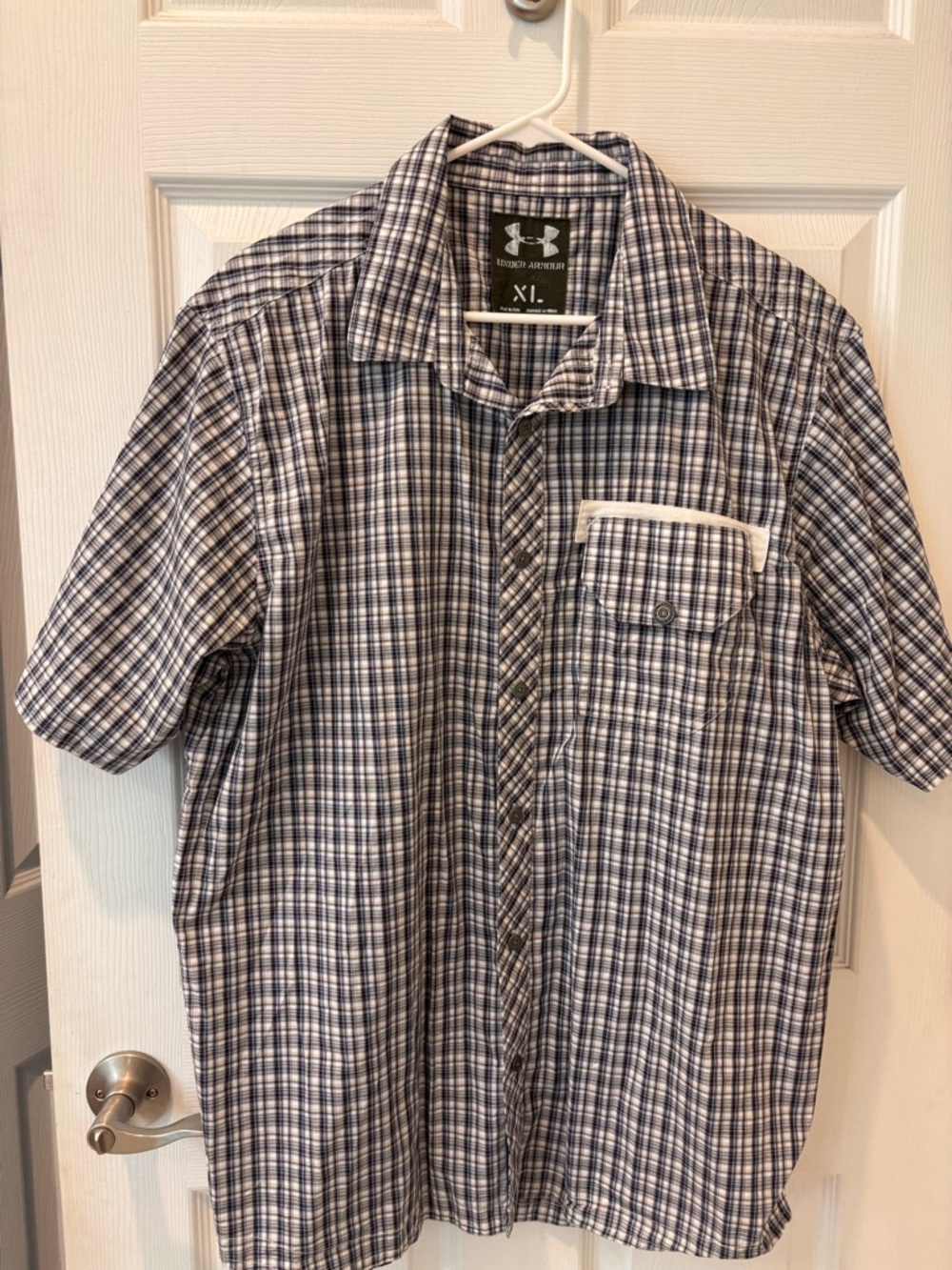 Under Armour Men's Navy and White Plaid Short-Sleeve‎ Button-Up Shirt